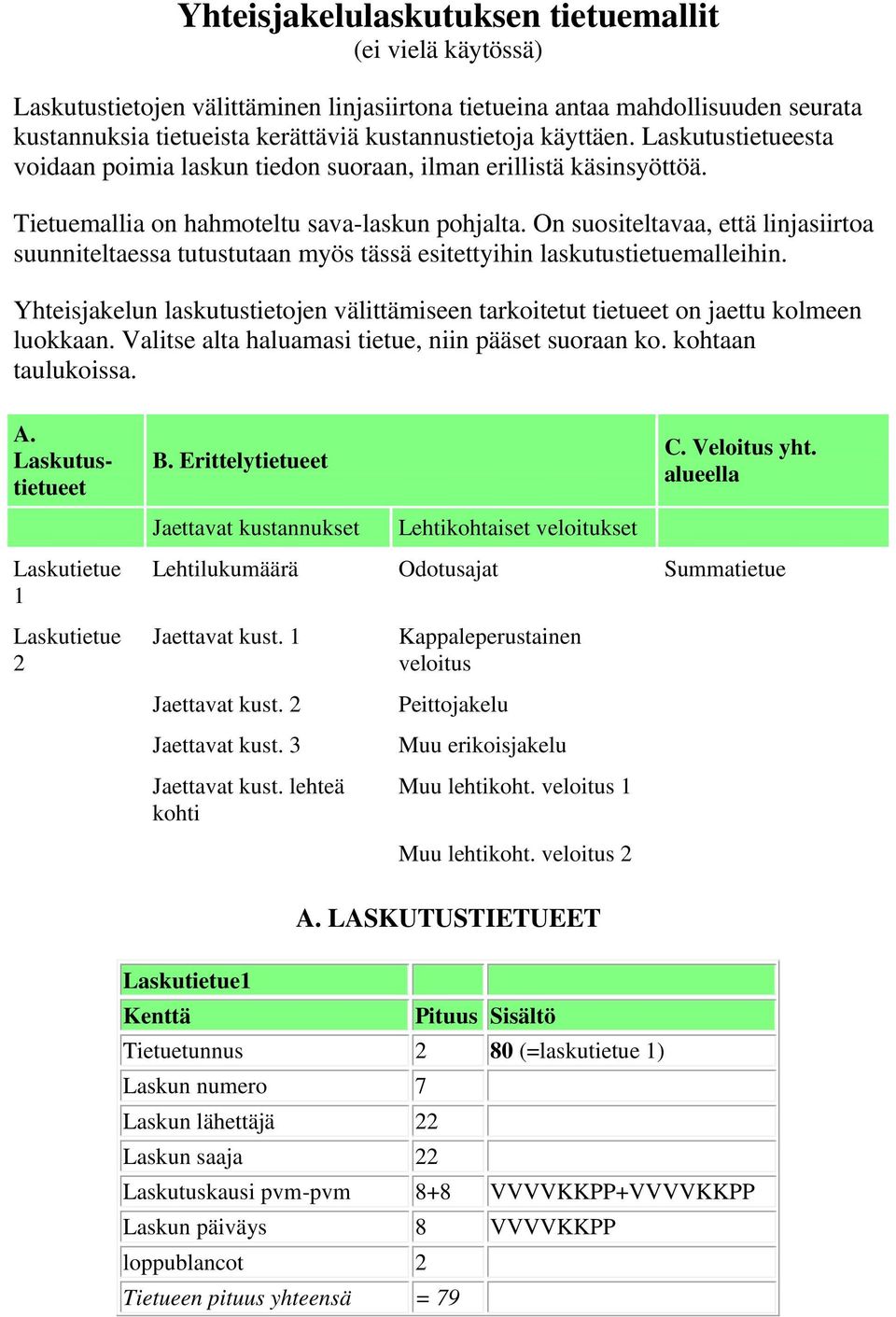 On suositeltavaa, että linjasiirtoa suunniteltaessa tutustutaan myös tässä esitettyihin laskutustietuemalleihin.