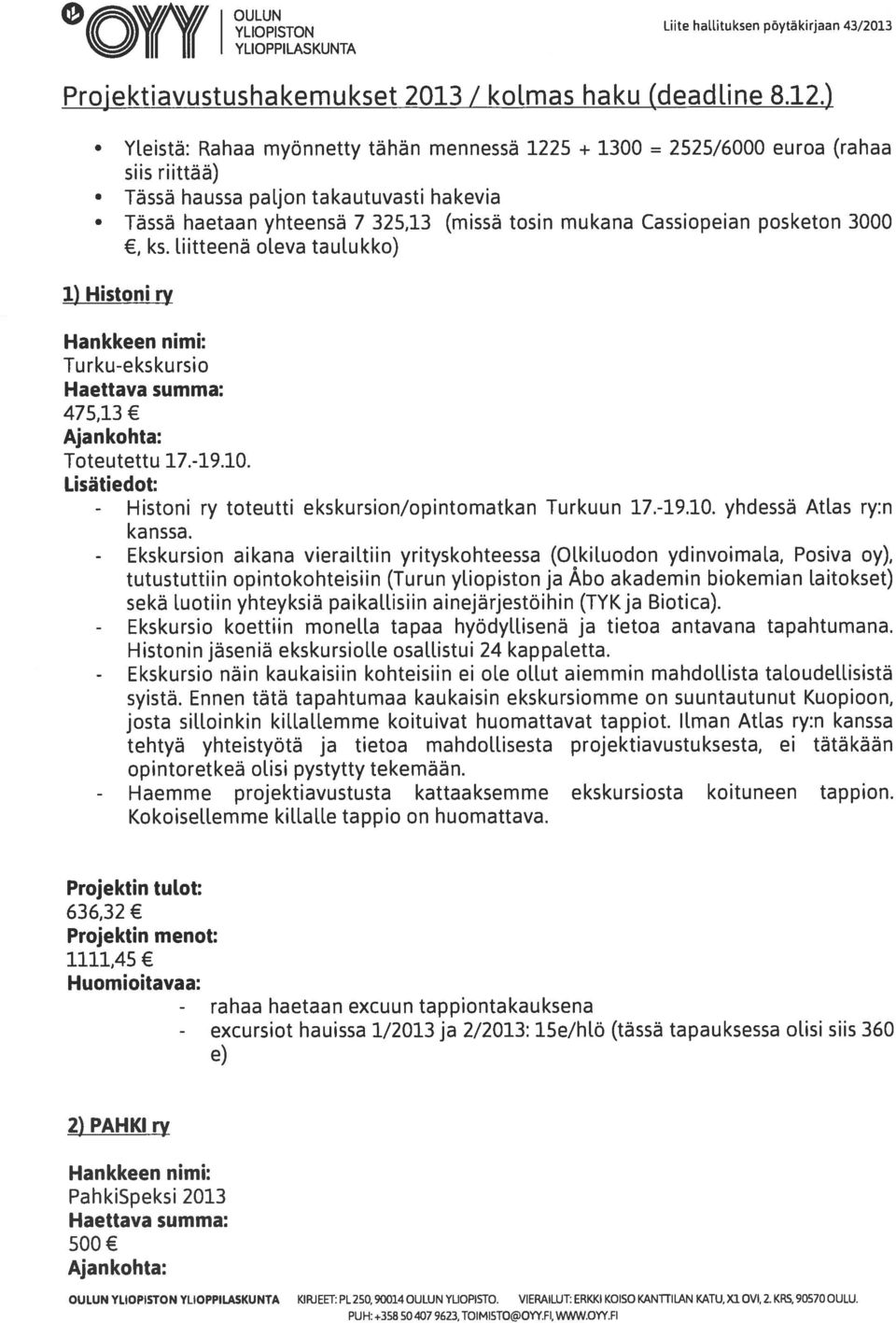 Cassiopeian posketon 3000, ks. liitteenä oleva taulukko) 1) Histoni ry Hankkeen nimi: Turku-ekskursio Haettava summa: 475,13 Ajankohta: Toteutettu 17.-19.10.