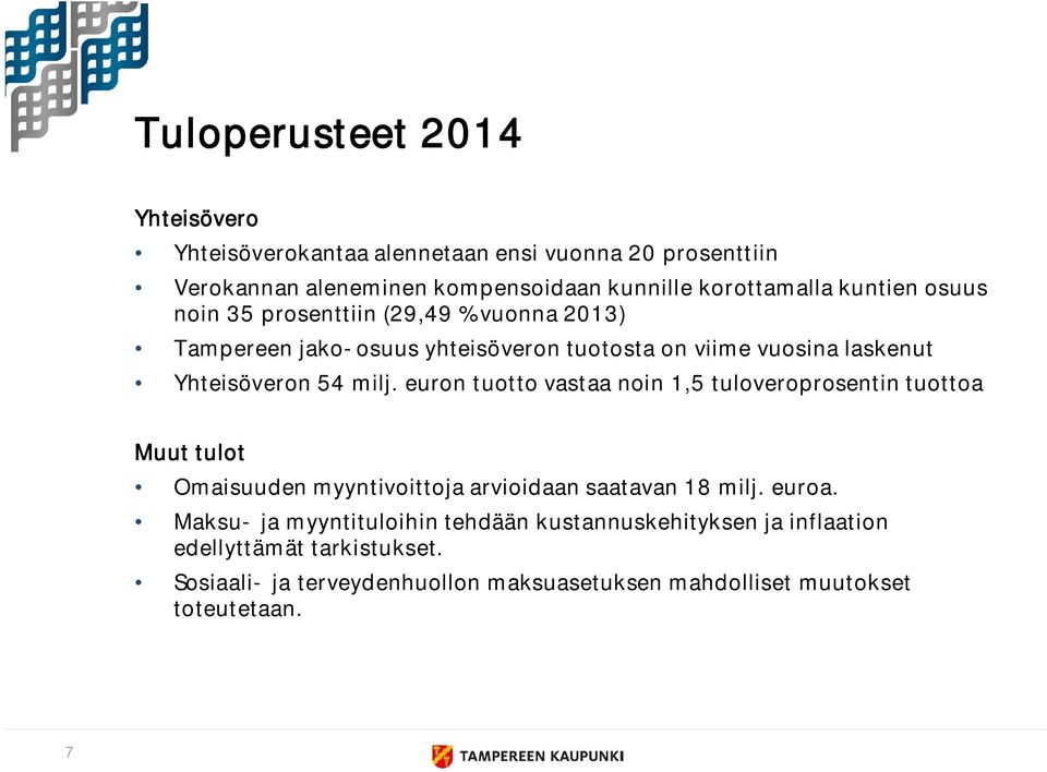 euron tuotto vastaa noin 1,5 tuloveroprosentin tuottoa Muut tulot Omaisuuden myyntivoittoja arvioidaan saatavan 18 milj. euroa.