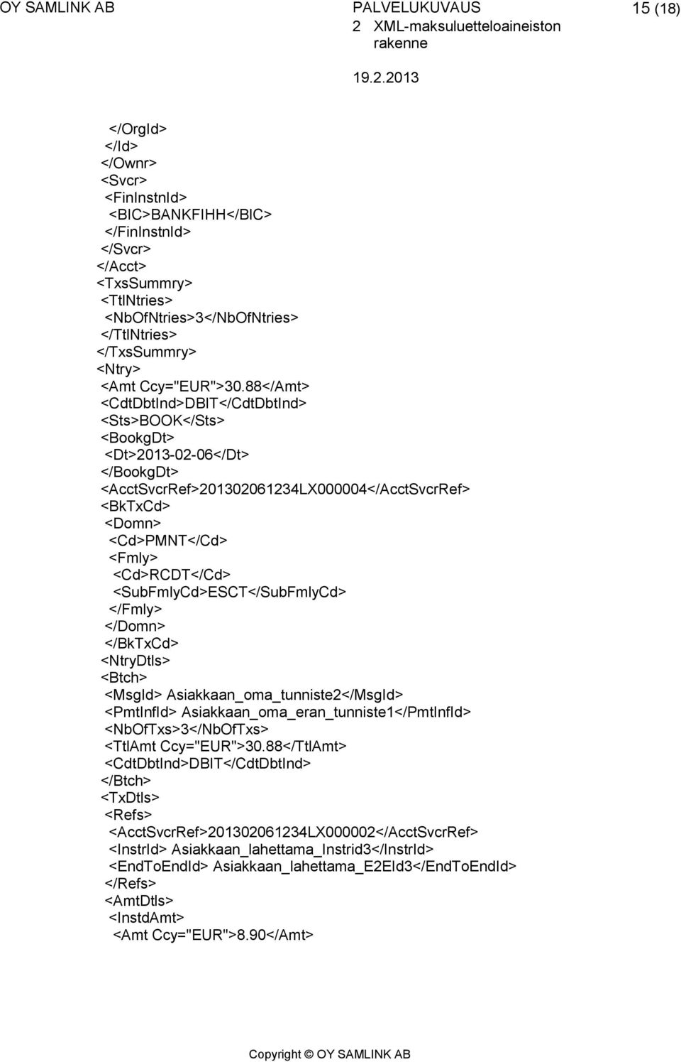 88</Amt> <CdtDbtInd>DBIT</CdtDbtInd> <Sts>BOOK</Sts> <BookgDt> <Dt>2013-02-06</Dt> </BookgDt> <AcctSvcrRef>201302061234LX000004</AcctSvcrRef> <BkTxCd> <Domn> <Cd>PMNT</Cd> <Fmly> <Cd>RCDT</Cd>