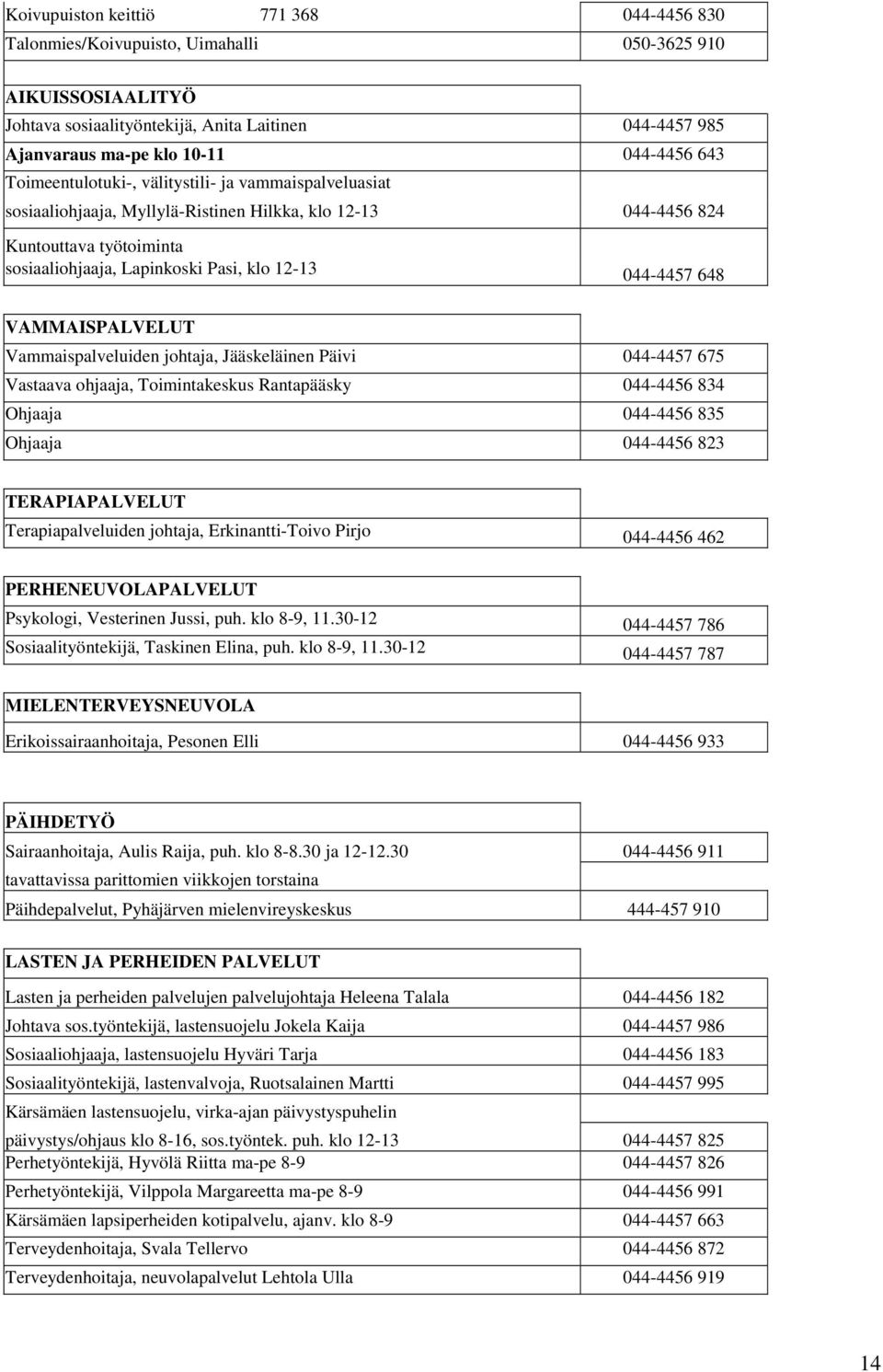 648 VAMMAISPALVELUT Vammaispalveluiden johtaja, Jääskeläinen Päivi 044-4457 675 Vastaava ohjaaja, Toimintakeskus Rantapääsky 044-4456 834 Ohjaaja 044-4456 835 Ohjaaja 044-4456 823 TERAPIAPALVELUT