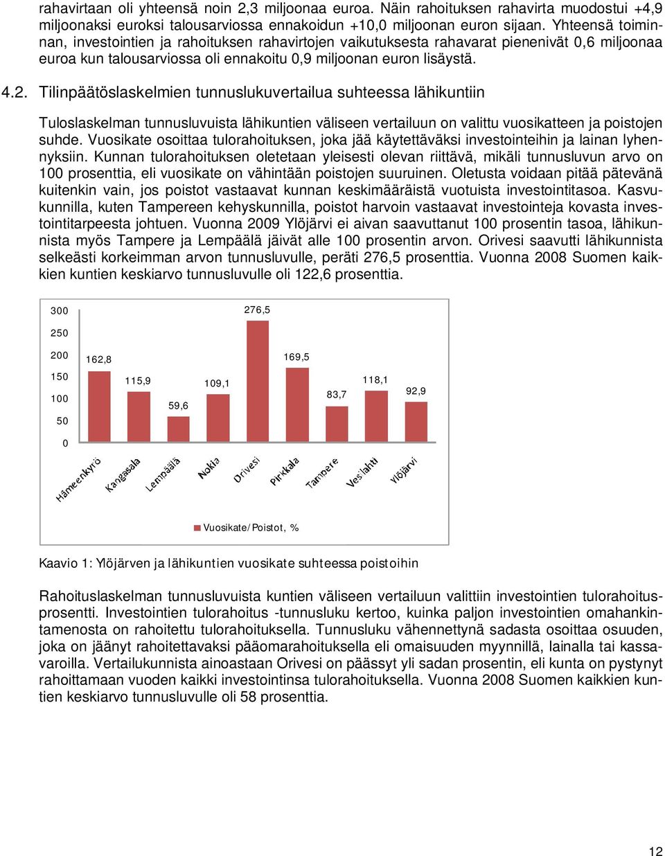 Tilinpäätöslaskelmien tunnuslukuvertailua suhteessa lähikuntiin Tuloslaskelman tunnusluvuista lähikuntien väliseen vertailuun on valittu vuosikatteen ja poistojen suhde.