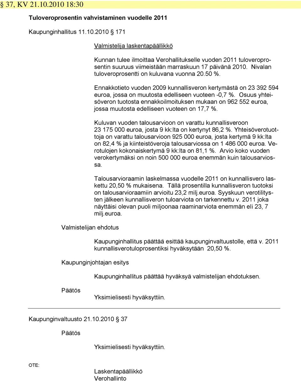 Osuus yhteisöveron tuotosta ennakkoilmoituksen mukaan on 962 552 euroa, jossa muutosta edelliseen vuoteen on 17,7 %.