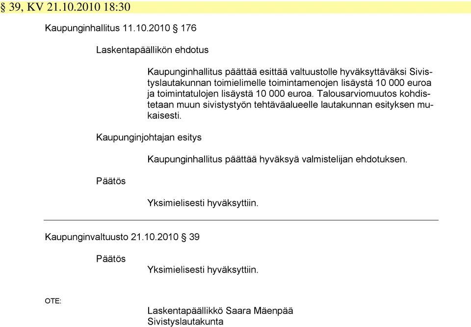 Sivistyslautakunnan toimielimelle toimintamenojen lisäystä 10 000 euroa ja toimintatulojen lisäystä 10 000 euroa.