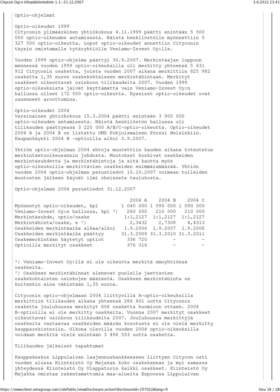 Merkintäajan loppuun mennessä vuoden 1999 optio-oikeuksilla oli merkitty yhteensä 5 631 912 Cityconin osaketta, joista vuoden 2007 aikana merkittiin 825 982 osaketta 1,35 euron osakekohtaiseen