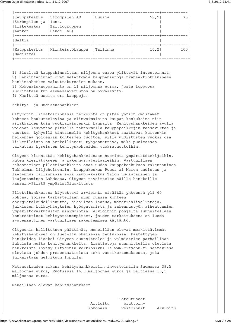 Kauppakeskus Kiinteistökauppa Tallinna 16,2 100 Magistral +-------------------------------------------------------------------------+ 1) Sisältää kauppahinnaltaan miljoona euroa ylittävät