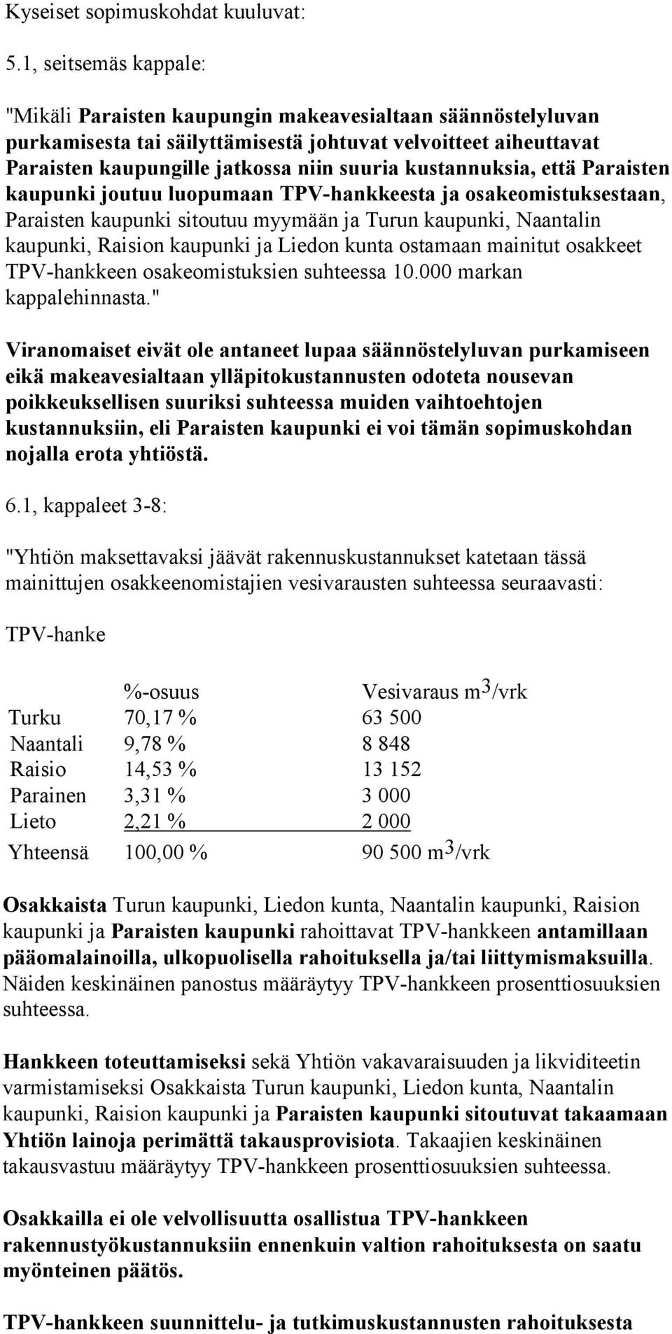 kustannuksia, että Paraisten kaupunki joutuu luopumaan TPV-hankkeesta ja osakeomistuksestaan, Paraisten kaupunki sitoutuu myymään ja Turun kaupunki, Naantalin kaupunki, Raision kaupunki ja Liedon