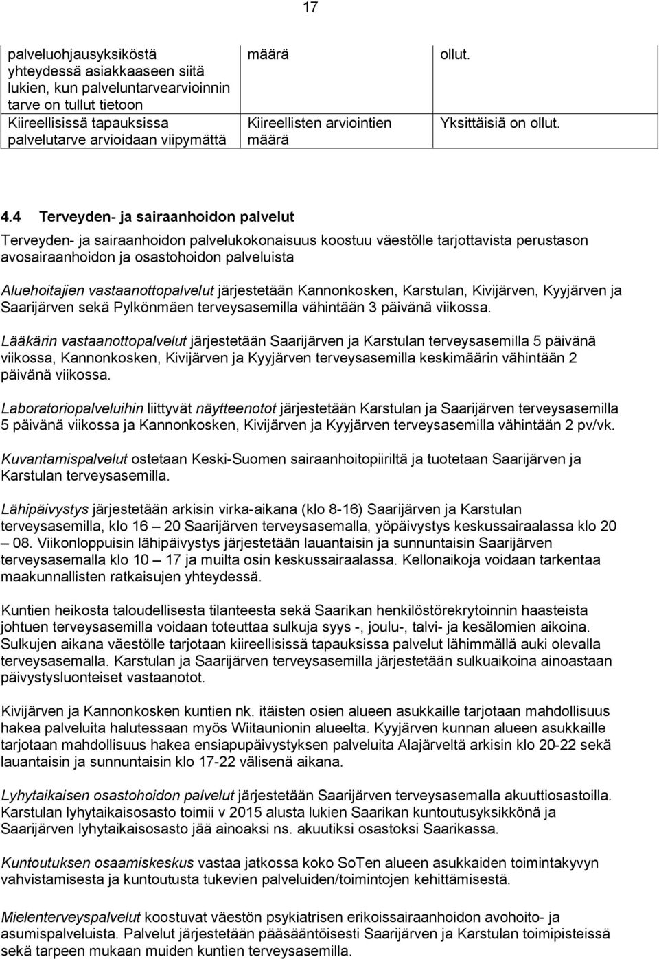 4 Terveyden- ja sairaanhoidon palvelut Terveyden- ja sairaanhoidon palvelukokonaisuus koostuu väestölle tarjottavista perustason avosairaanhoidon ja osastohoidon palveluista Aluehoitajien