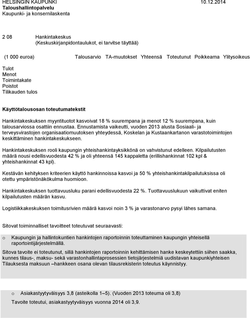 Ylitysoikeus Tulot Menot Toimintakate Poistot Tilikauden tulos Käyttötalousosan toteutumatekstit Hankintakeskuksen myyntituotot kasvoivat 18 % suurempana ja menot 12 % suurempana, kuin talousarviossa