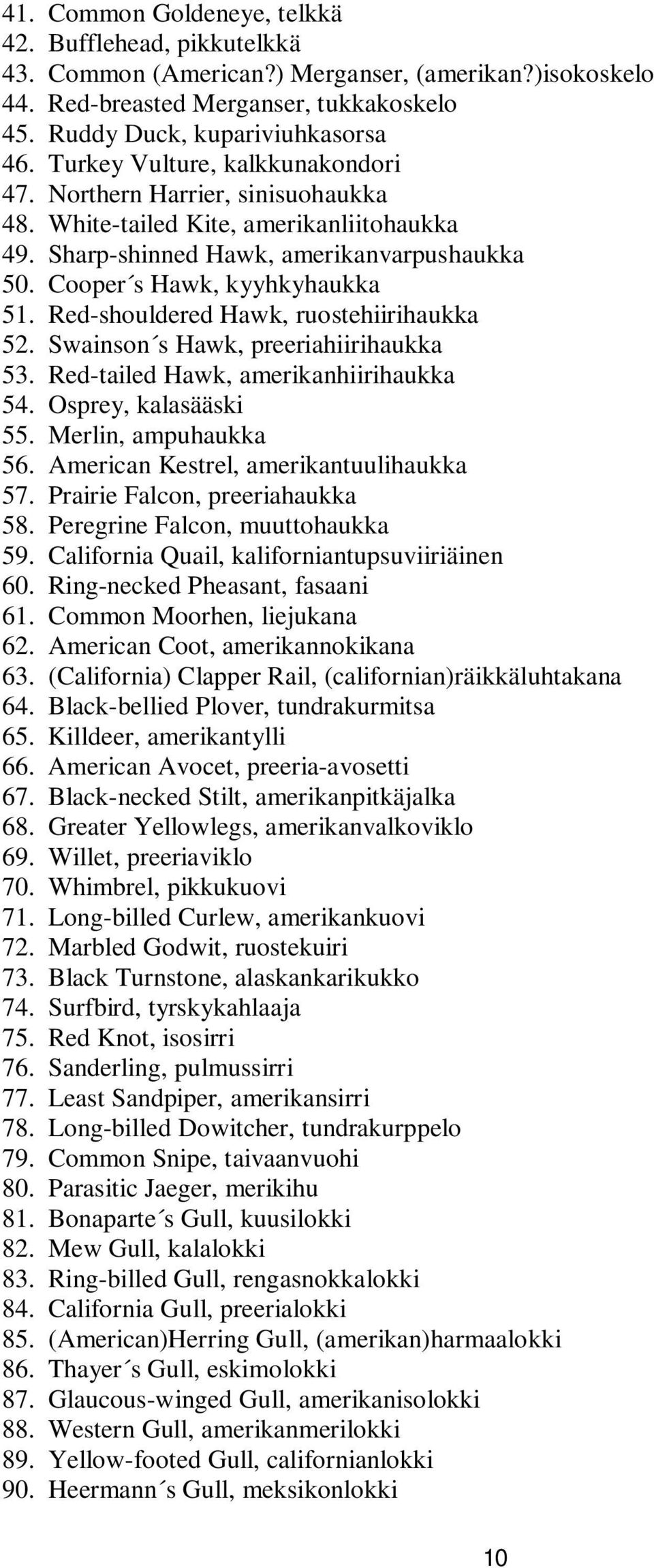 Red-shouldered Hawk, ruostehiirihaukka 52. Swainson s Hawk, preeriahiirihaukka 53. Red-tailed Hawk, amerikanhiirihaukka 54. Osprey, kalasääski 55. Merlin, ampuhaukka 56.