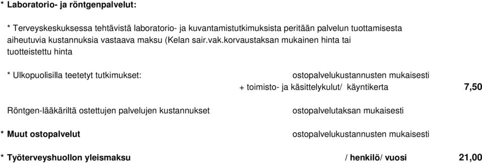 korvaustaksan mukainen hinta tai tuotteistettu hinta * Ulkopuolisilla teetetyt tutkimukset: ostopalvelukustannusten mukaisesti + toimisto-