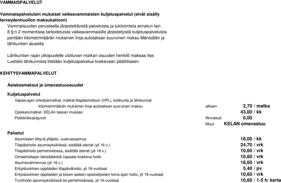 Lähikuntien rajan ulkopuolelle ulottuvan matkan osuuden henkilö maksaa itse. Luettelo lähikunnista liitetään kuljetuspalvelua koskevaan päätökseen.