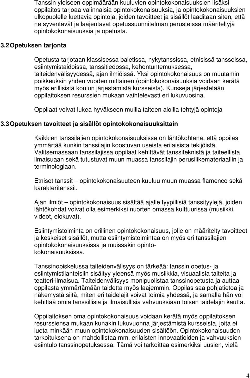 2 Opetuksen tarjonta Opetusta tarjotaan klassisessa baletissa, nykytanssissa, etnisissä tansseissa, esiintymistaidoissa, tanssitiedossa, kehontuntemuksessa, taiteidenvälisyydessä, ajan ilmiöissä.