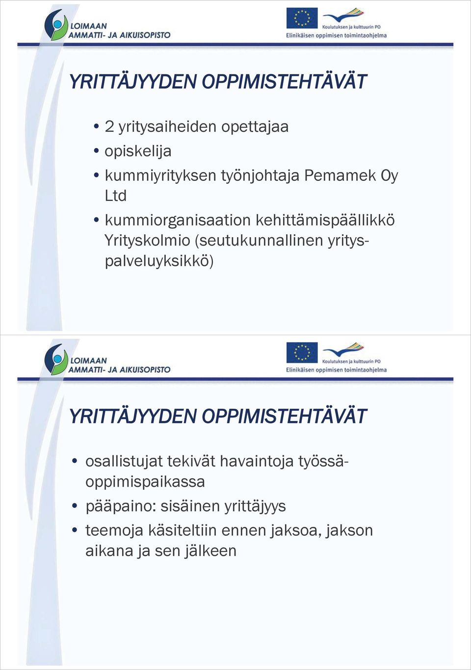 yrityspalveluyksikkö) YRITTÄJYYDEN OPPIMISTEHTÄVÄT osallistujat tekivät havaintoja