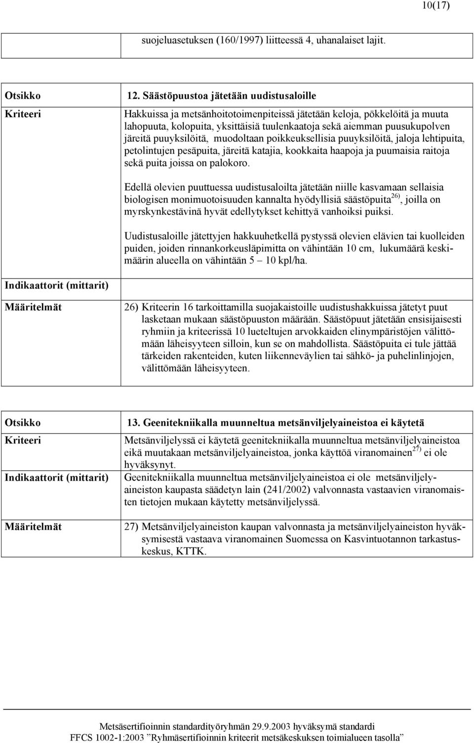 puuyksilöitä, muodoltaan poikkeuksellisia puuyksilöitä, jaloja lehtipuita, petolintujen pesäpuita, järeitä katajia, kookkaita haapoja ja puumaisia raitoja sekä puita joissa on palokoro.