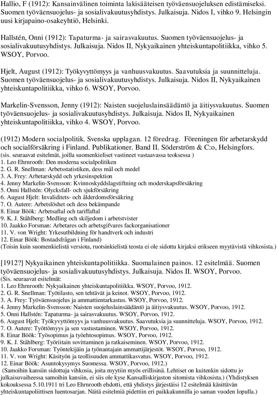 Hjelt, August (1912): Työkyvyttömyys ja vanhuusvakuutus. Saavutuksia ja suunnitteluja. Suomen työväensuojelus- ja sosialivakuutusyhdistys. Julkaisuja.