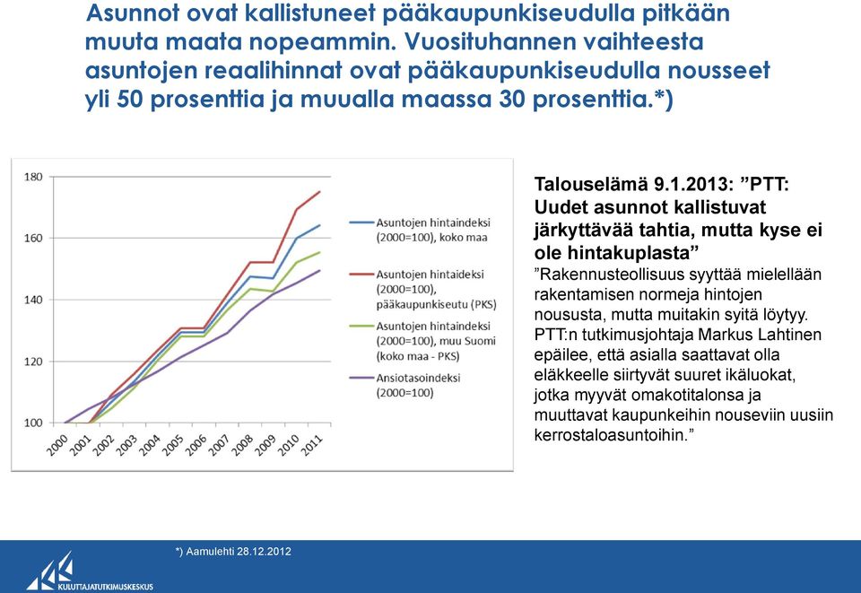 2013: PTT: Uudet asunnot kallistuvat järkyttävää tahtia, mutta kyse ei ole hintakuplasta Rakennusteollisuus syyttää mielellään rakentamisen normeja hintojen