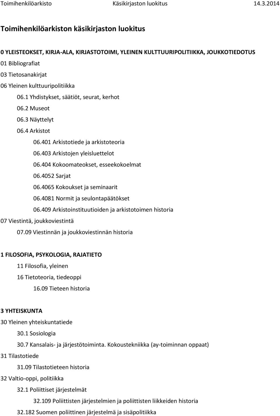 4052 Sarjat 06.4065 Kokoukset ja seminaarit 06.4081 Normit ja seulontapäätökset 06.409 Arkistoinstituutioiden ja arkistotoimen historia 07 Viestintä, joukkoviestintä 07.