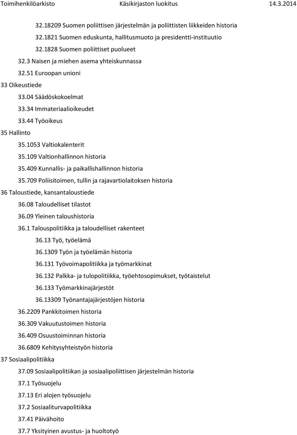 109 Valtionhallinnon historia 35.409 Kunnallis- ja paikallishallinnon historia 35.709 Poliisitoimen, tullin ja rajavartiolaitoksen historia 36 Taloustiede, kansantaloustiede 36.