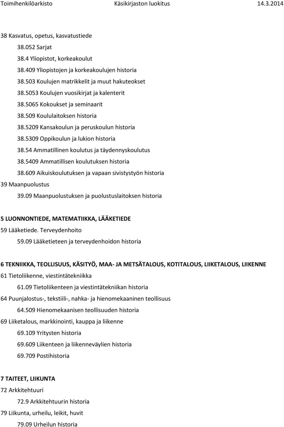 54 Ammatillinen koulutus ja täydennyskoulutus 38.5409 Ammatillisen koulutuksen historia 38.609 Aikuiskoulutuksen ja vapaan sivistystyön historia 39 Maanpuolustus 39.