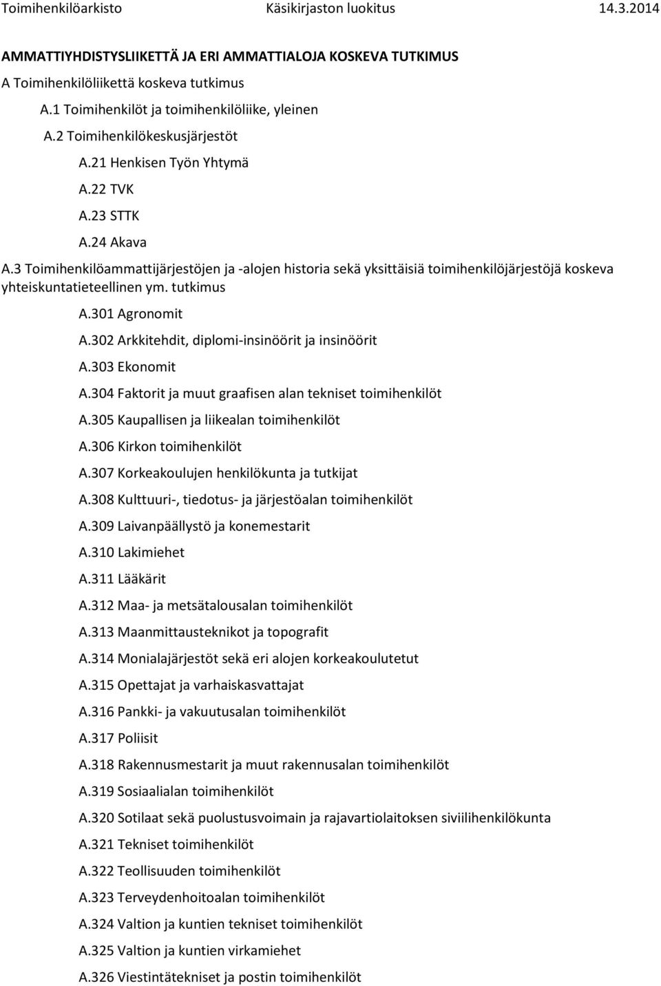301 Agronomit A.302 Arkkitehdit, diplomi-insinöörit ja insinöörit A.303 Ekonomit A.304 Faktorit ja muut graafisen alan tekniset toimihenkilöt A.305 Kaupallisen ja liikealan toimihenkilöt A.
