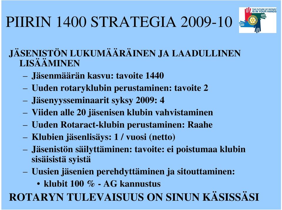 Rotaract-klubin perustaminen: Raahe Klubien jäsenlisäys: 1 / vuosi (netto) Jäsenistön säilyttäminen: tavoite: ei poistumaa