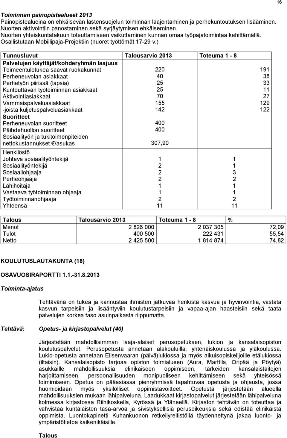 ) 6 Tunnusluvut Talousarvio 23 Toteuma - 8 Palvelujen käyttäjät/kohderyhmän laajuus Toimeentulotukea saavat ruokakunnat Perheneuvolan asiakkaat Perhetyön piirissä (lapsia) Kuntouttavan työtoiminnan