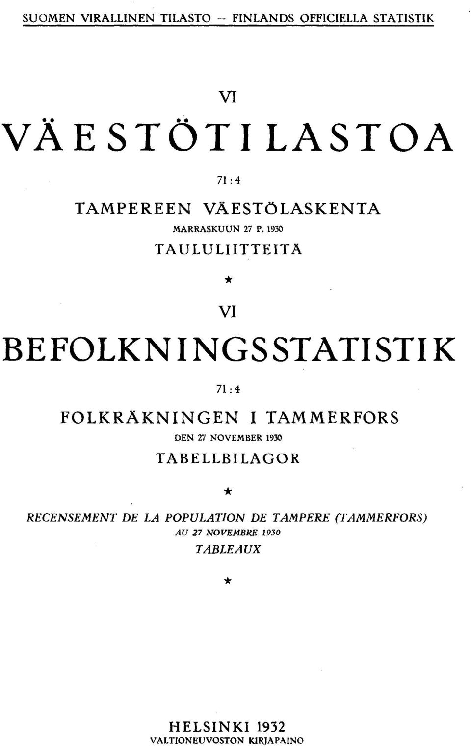 0 TAULULIITTEITÄ VI BEFOLKNINGS STATISTI K : FOLKRÄKNINGEN I TAMMERFORS DEN