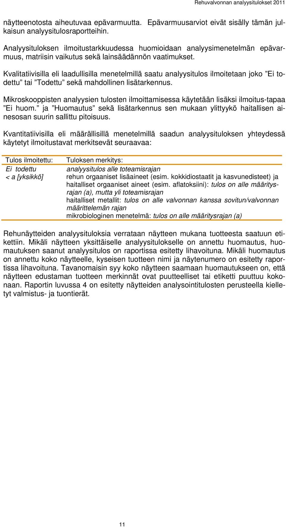 Kvalitatiivisilla eli laadullisilla menetelmillä saatu analyysitulos ilmoitetaan joko Ei todettu tai Todettu sekä mahdollinen lisätarkennus.