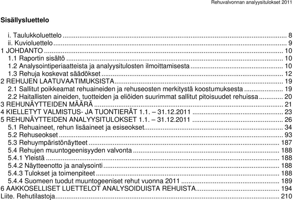 .. 20 3 REHUNÄYTTEIDEN MÄÄRÄ... 21 4 KIELLETYT VALMISTUS- JA TUONTIERÄT 1.1. 31.12.2011... 23 5 REHUNÄYTTEIDEN ANALYYSITULOKSET 1.1. 31.12.2011... 26 5.1 Rehuaineet, rehun lisäaineet ja esiseokset.