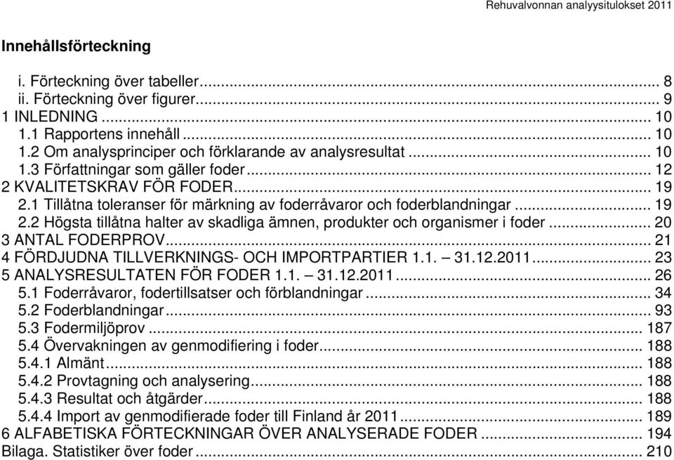 .. 20 3 ANTAL FODERPROV... 21 4 FÖRDJUDNA TILLVERKNINGS- OCH IMPORTPARTIER 1.1. 31.12.2011... 23 5 ANALYSRESULTATEN FÖR FODER 1.1. 31.12.2011... 26 5.