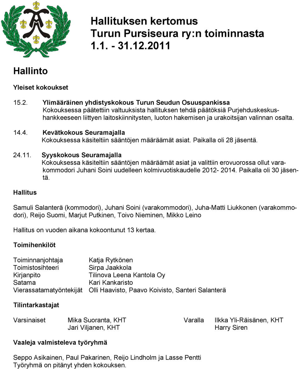 laitoskiinnitysten, luoton hakemisen ja urakoitsijan valinnan osalta. 14.4. Kevätkokous Seuramajalla Kokouksessa käsiteltiin sääntöjen määräämät asiat. Paikalla oli 28 jäsentä. 24.11.