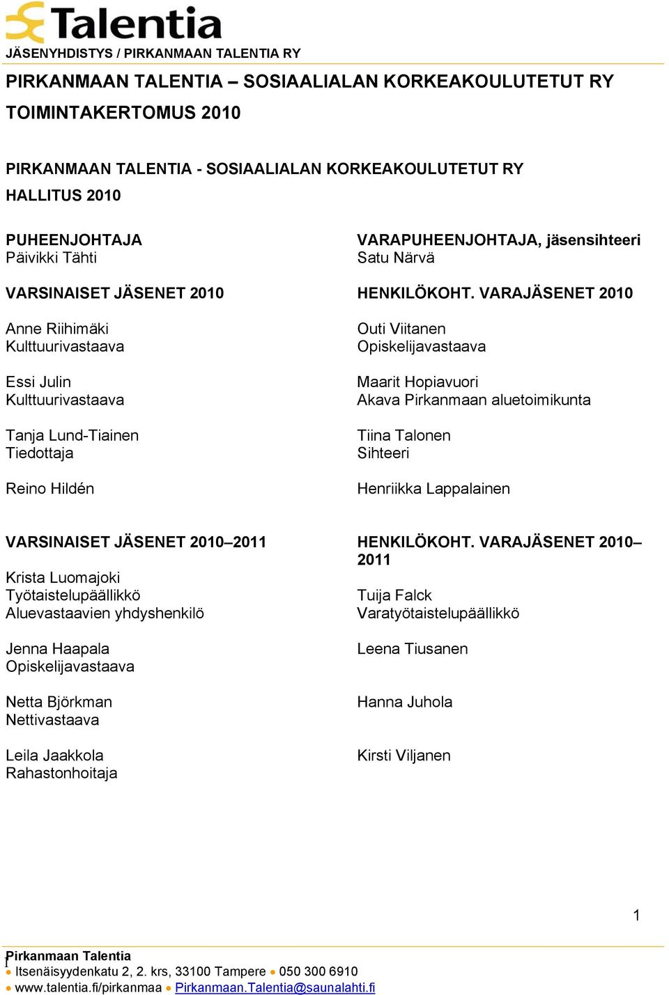 VARAJÄSENET 2010 Outi Viitanen Opiskelijavastaava Maarit Hopiavuori Akava Pirkanmaan aluetoimikunta Tiina Talonen Sihteeri Henriikka Lappalainen VARSINAISET JÄSENET 2010 2011 Krista Luomajoki