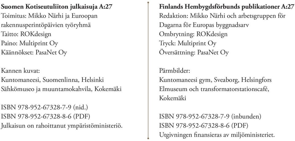 Finlands Hembygdsförbunds publikationer A:27 Redaktion: Mikko Närhi och arbetsgruppen för Dagarna för Europas byggnadsarv Ombrytning: ROKdesign Tryck: Multiprint Oy Översättning: PasaNet Oy