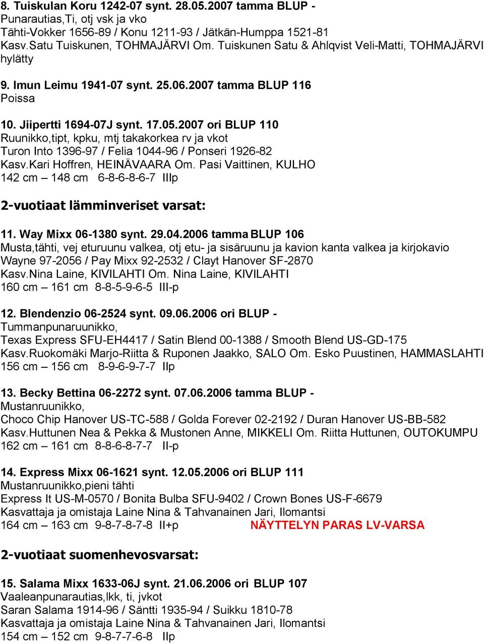 2007 ori BLUP 110 Ruunikko,tipt, kpku, mtj takakorkea rv ja vkot Turon Into 1396-97 / Felia 1044-96 / Ponseri 1926-82 Kasv.Kari Hoffren, HEINÄVAARA Om.