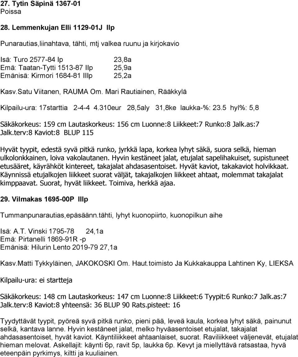 Satu Viitanen, RAUMA Om. Mari Rautiainen, Rääkkylä Kilpailu-ura: 17starttia 2-4-4 4.310eur 28,5aly 31,8ke laukka-%: 23.