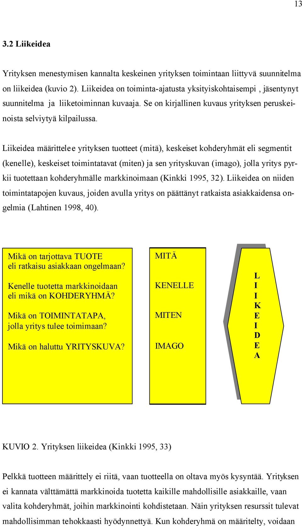 Liikeidea määrittelee yrityksen tuotteet (mitä), keskeiset kohderyhmät eli segmentit (kenelle), keskeiset toimintatavat (miten) ja sen yrityskuvan (imago), jolla yritys pyrkii tuotettaan