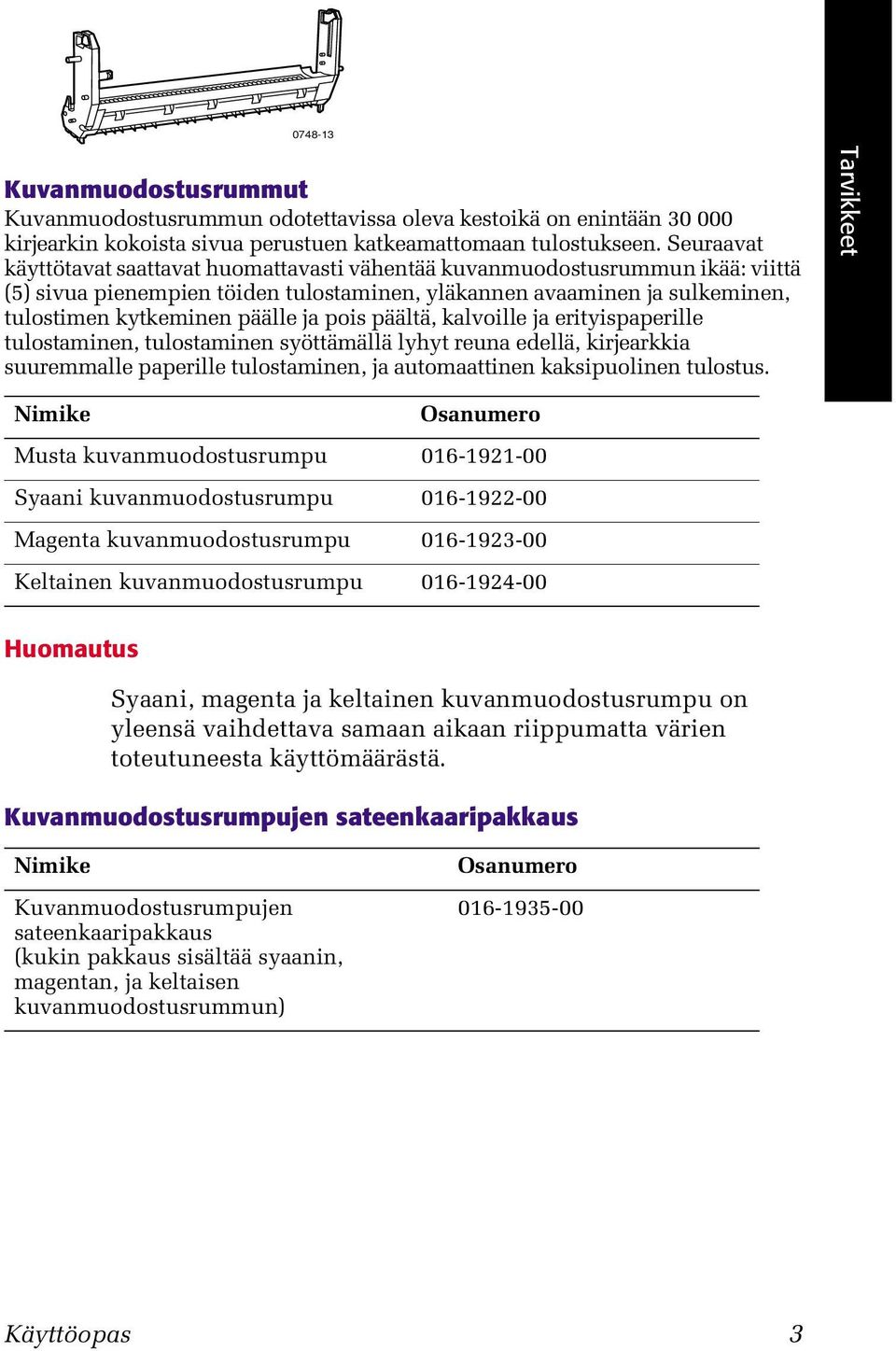 pois päältä, kalvoille ja erityispaperille tulostaminen, tulostaminen syöttämällä lyhyt reuna edellä, kirjearkkia suuremmalle paperille tulostaminen, ja automaattinen kaksipuolinen tulostus.