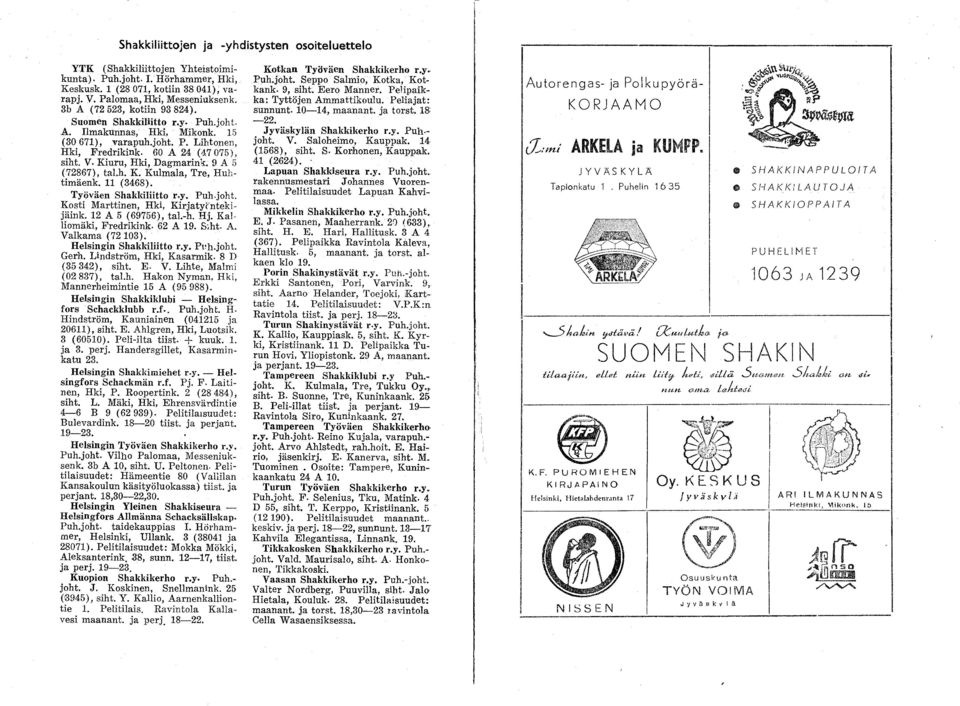 9 A 5 (72867), tal.h. K. Kulmala, Tre, Huhtimäenk. 11 (3468). Työväen Shakkiliitto r.y. Puh.joht. Kosti Marttinen, Hki, Kirjatyf'ntekijäink. 12 A 5 (69756), tal.-h. Hj. Kalliomäki, Fredrikink.