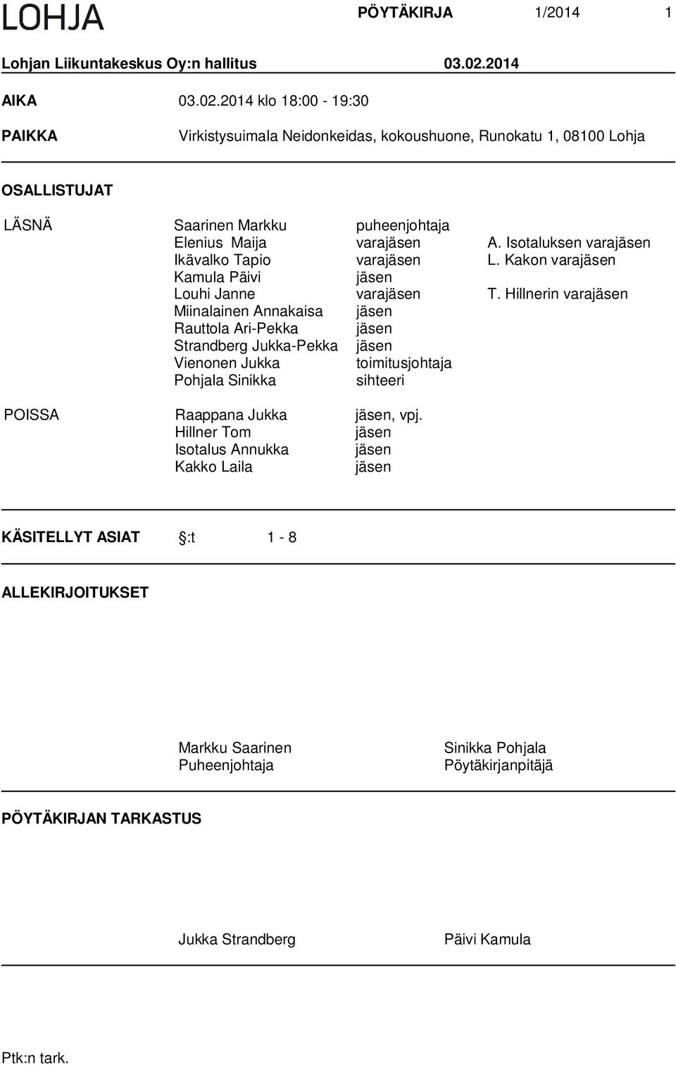 Isotaluksen varajäsen Ikävalko Tapio varajäsen L. Kakon varajäsen Kamula Päivi jäsen Louhi Janne varajäsen T.