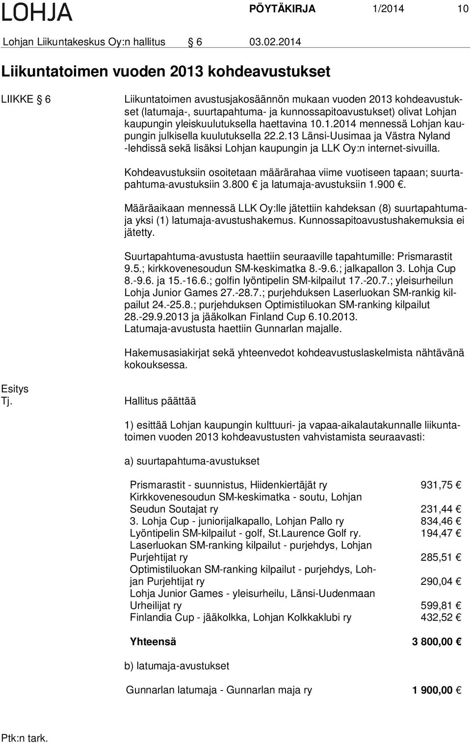 kau pun gin yleiskuulutuksella haettavina 10.1.2014 mennessä Lohjan kaupun gin jul ki sel la kuulutuksella 22.2.13 Länsi-Uusimaa ja Väst ra Ny land -leh dis sä sekä lisäksi Lohjan kaupungin ja LLK Oy:n in ter net-si vuil la.