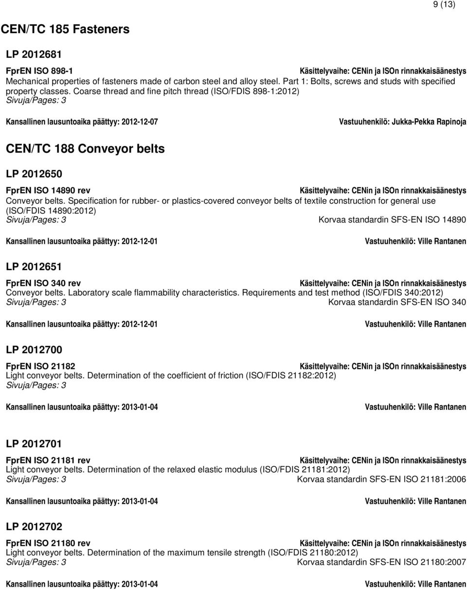 Coarse thread and fine pitch thread (ISO/FDIS 898-1:2012) Sivuja/Pages: 3 Kansallinen lausuntoaika päättyy: 2012-12-07 CEN/TC 188 Conveyor belts LP 2012650 FprEN ISO 14890 rev Käsittelyvaihe: CENin