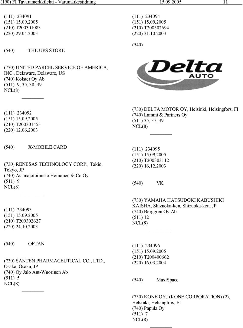 2003 (730) DELTA MOTOR OY, Helsinki, Helsingfors, FI (740) Lammi & Partners Oy (511) 35, 37, 39 X-MOBILE CARD (730) RENESAS TECHNOLOGY CORP.