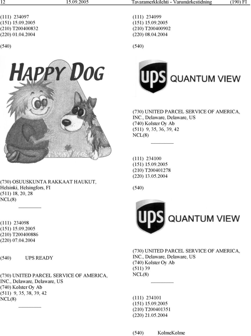 (220) 13.05.2004 (111) 234098 (210) T200400886 (220) 07.04.2004 UPS READY (730) UNITED PARCEL SERVICE OF AMERICA, INC.