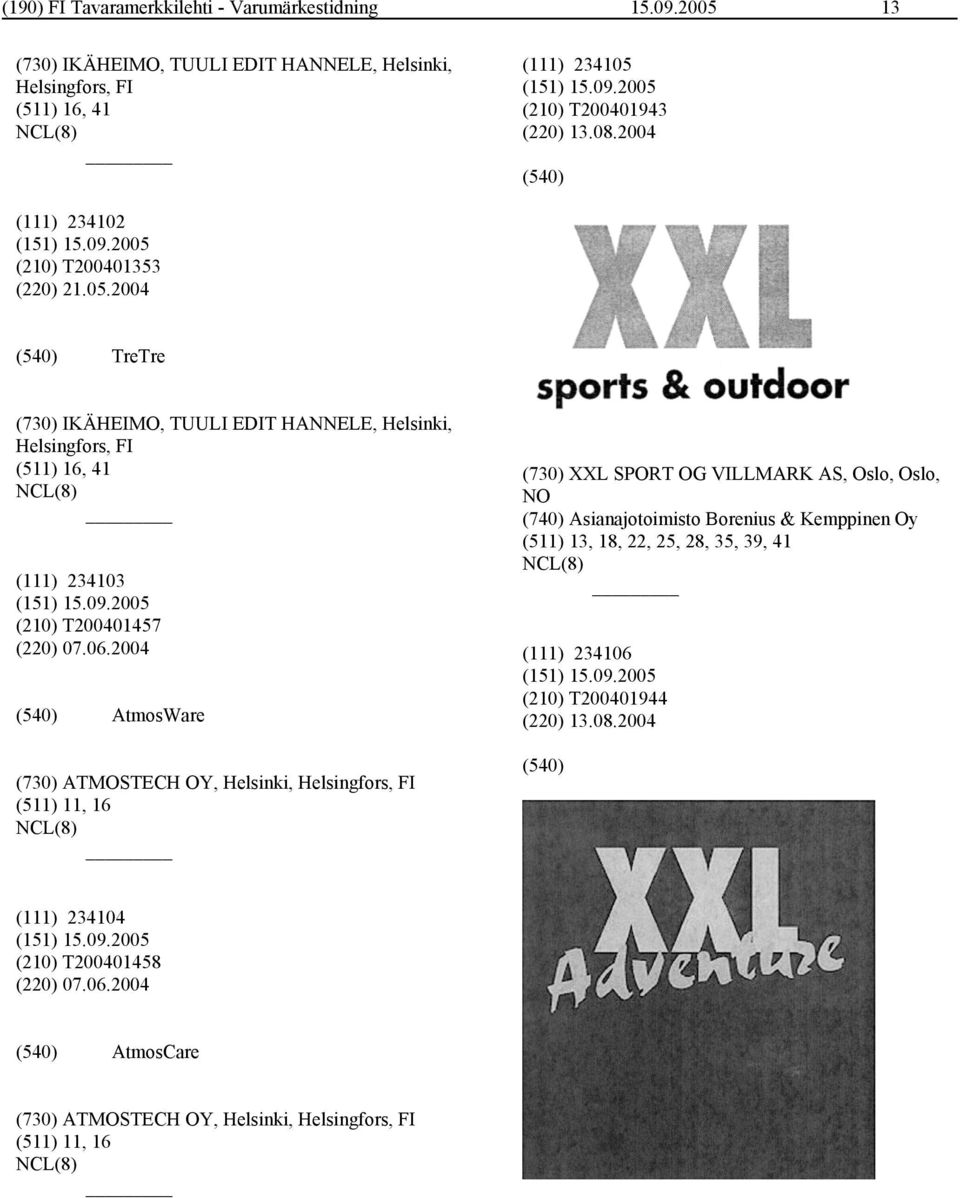 2004 AtmosWare (730) ATMOSTECH OY, Helsinki, Helsingfors, FI (511) 11, 16 (730) XXL SPORT OG VILLMARK AS, Oslo, Oslo, NO (740) Asianajotoimisto Borenius & Kemppinen Oy (511) 13,