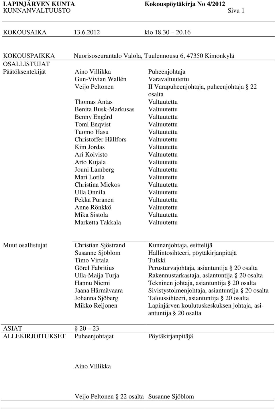 Tomi Enqvist Tuomo Hasu Christoffer Hällfors Kim Jordas Ari Koivisto Arto Kujala Jouni Lamberg Mari Lotila Christina Mickos Ulla Onnila Pekka Puranen Anne Rönkkö Mika Sistola Marketta Takkala