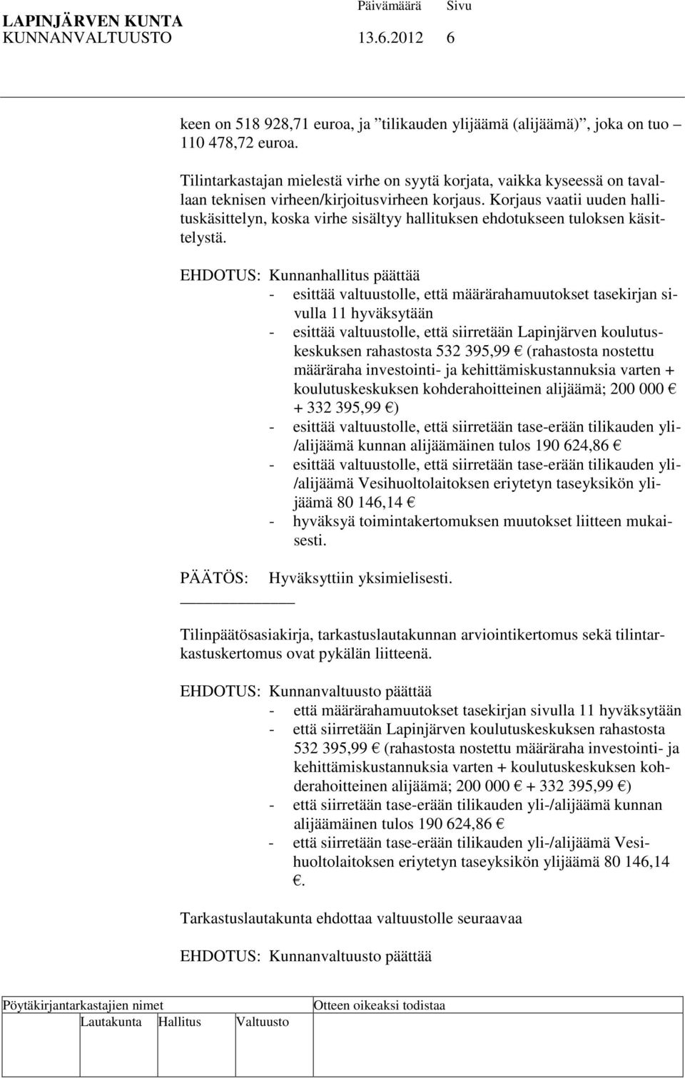 Korjaus vaatii uuden hallituskäsittelyn, koska virhe sisältyy hallituksen ehdotukseen tuloksen käsittelystä.