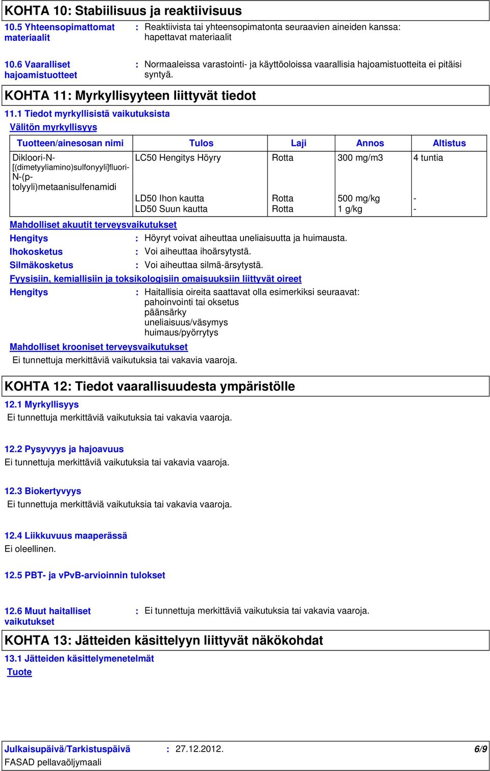 1 Tiedot myrkyllisistä vaikutuksista Välitön myrkyllisyys Tuotteen/ainesosan nimi Tulos Laji Annos Altistus Dikloori-N- [(dimetyyliamino)sulfonyyli]fluori- N-(ptolyyli)metaanisulfenamidi Mahdolliset