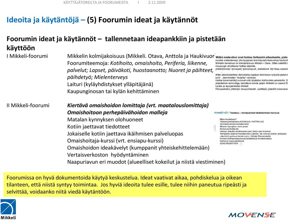 (kyläyhdistykset ylläpitäjänä) Kaupunginosan tai kylän kehittäminen II Mikkeli-foorumi Kiertävä omaishoidon lomittaja (vrt.