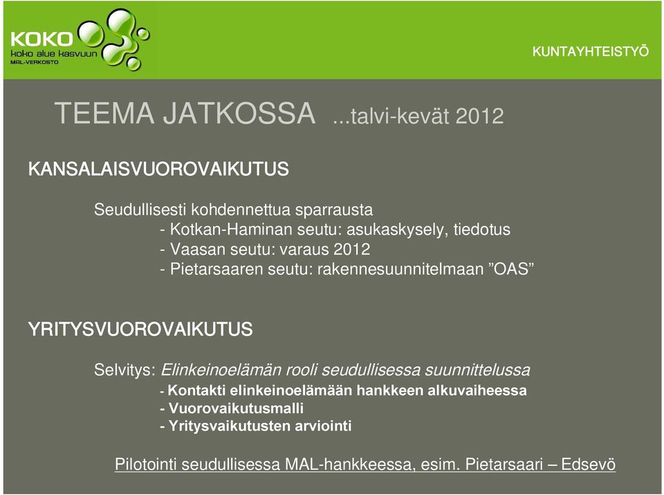 tiedotus Vaasan seutu: varaus 2012 Pietarsaaren seutu: rakennesuunnitelmaan OAS YRITYSVUOROVAIKUTUS Selvitys: